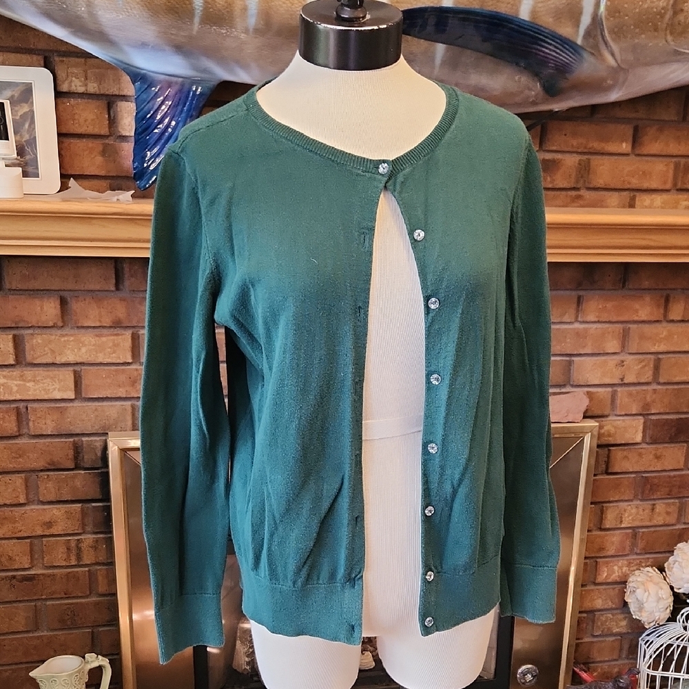 LOFT Hunter Green Button-Up Cardigan Size Large 100% Cotton Spring Easter